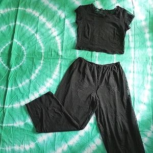 VTG 90s Sheer Black Floral Lace Crop Top Pants Set